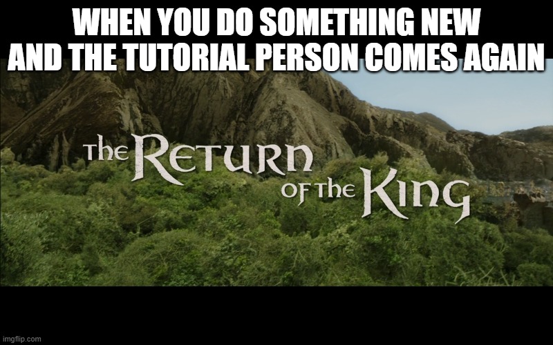 Return Of The King | WHEN YOU DO SOMETHING NEW AND THE TUTORIAL PERSON COMES AGAIN | image tagged in return of the king | made w/ Imgflip meme maker