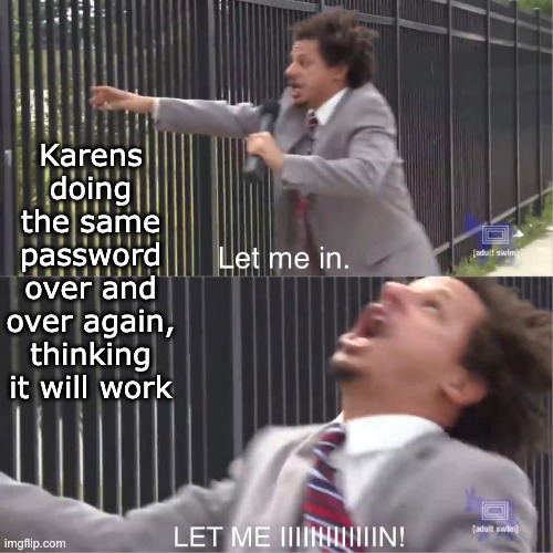 let me in |  Karens doing the same password over and over again, thinking it will work | image tagged in let me in | made w/ Imgflip meme maker