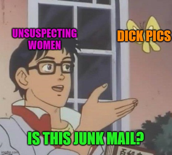 Well? IS IT???? OFF WITH THEIR HEADS I SAY! | DICK PICS; UNSUSPECTING WOMEN; IS THIS JUNK MAIL? | image tagged in memes,is this a pigeon,nixieknox | made w/ Imgflip meme maker