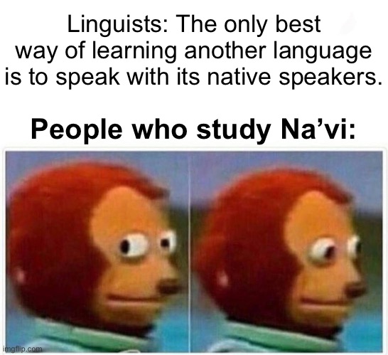 Xenolanguage | Linguists: The only best way of learning another language is to speak with its native speakers. People who study Na’vi: | image tagged in memes,monkey puppet,language,alien languages,avatar | made w/ Imgflip meme maker