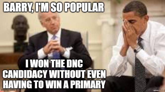 Obama and Biden | BARRY, I'M SO POPULAR I WON THE DNC CANDIDACY WITHOUT EVEN HAVING TO WIN A PRIMARY | image tagged in obama and biden | made w/ Imgflip meme maker