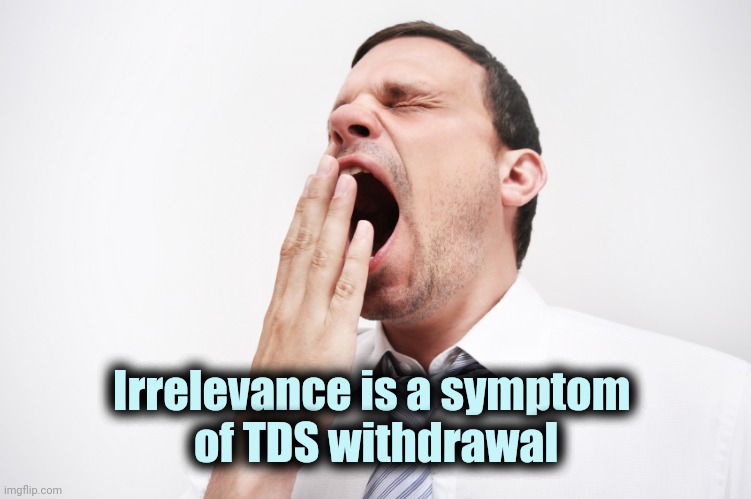 yawn | Irrelevance is a symptom 
of TDS withdrawal | image tagged in yawn | made w/ Imgflip meme maker