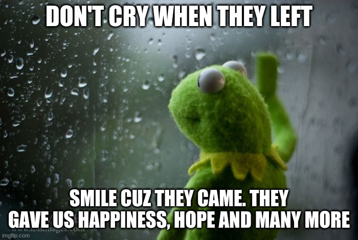 kermit window | DON'T CRY WHEN THEY LEFT; SMILE CUZ THEY CAME. THEY GAVE US HAPPINESS, HOPE AND MANY MORE | image tagged in kermit window | made w/ Imgflip meme maker