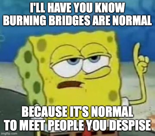 Burning Bridges | I'LL HAVE YOU KNOW BURNING BRIDGES ARE NORMAL; BECAUSE IT'S NORMAL TO MEET PEOPLE YOU DESPISE | image tagged in memes,i'll have you know spongebob | made w/ Imgflip meme maker