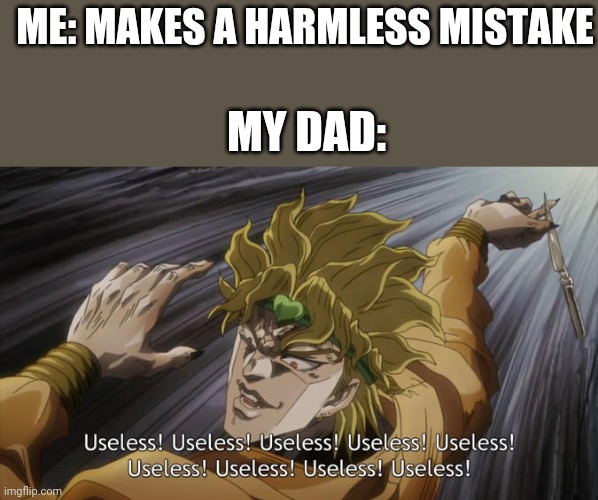 Literally just happened  -_- | ME: MAKES A HARMLESS MISTAKE; MY DAD: | image tagged in useless | made w/ Imgflip meme maker