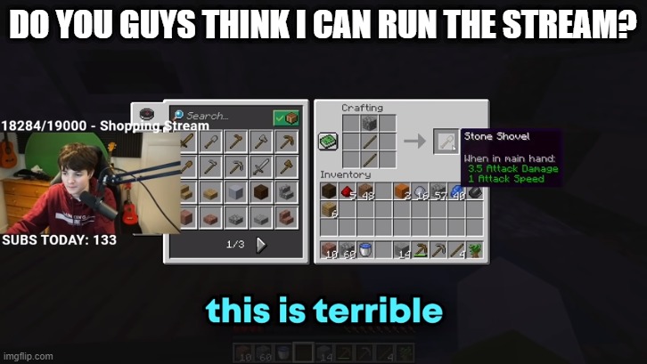 Well, nobody really listens to me so I don't really know | DO YOU GUYS THINK I CAN RUN THE STREAM? | image tagged in this is terrible | made w/ Imgflip meme maker