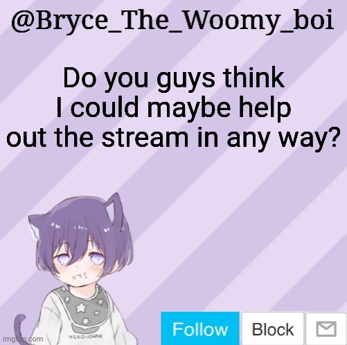 Bryce_The_Woomy_boi's announcement template | Do you guys think I could maybe help out the stream in any way? | image tagged in bryce_the_woomy_boi's announcement template | made w/ Imgflip meme maker
