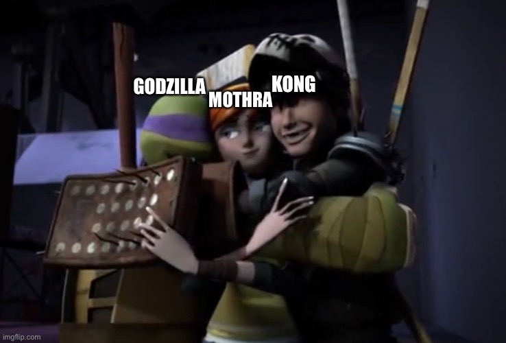 Godzilla as Donnie, Mothra as April, and Kong as Casey | MOTHRA; KONG; GODZILLA | image tagged in teenage mutant ninja turtles,nickelodeon,godzilla,kong,mothra,legendary | made w/ Imgflip meme maker