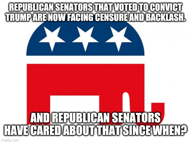 censure = meh. | REPUBLICAN SENATORS THAT VOTED TO CONVICT TRUMP ARE NOW FACING CENSURE AND BACKLASH. AND REPUBLICAN SENATORS HAVE CARED ABOUT THAT SINCE WHEN? | image tagged in republican | made w/ Imgflip meme maker