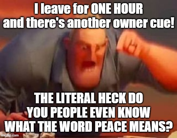 Grrrrrrrrrrrrrrrrrrrrrrrrrrrrrrrrrr | I leave for ONE HOUR and there's another owner cue! THE LITERAL HECK DO YOU PEOPLE EVEN KNOW WHAT THE WORD PEACE MEANS? | image tagged in mr incredible mad | made w/ Imgflip meme maker