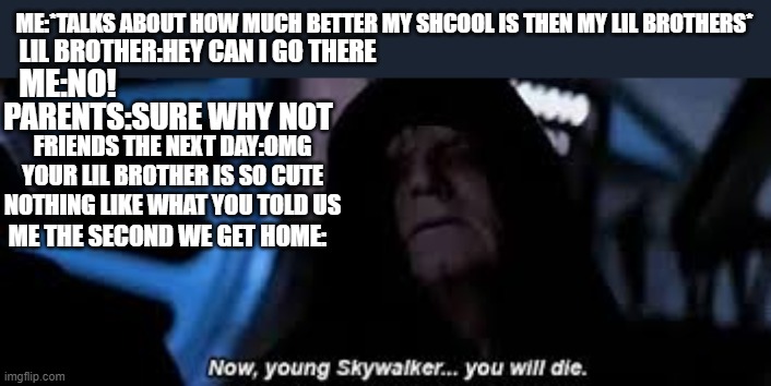 ME:*TALKS ABOUT HOW MUCH BETTER MY SHCOOL IS THEN MY LIL BROTHERS*; LIL BROTHER:HEY CAN I GO THERE; ME:NO! PARENTS:SURE WHY NOT; FRIENDS THE NEXT DAY:OMG YOUR LIL BROTHER IS SO CUTE NOTHING LIKE WHAT YOU TOLD US; ME THE SECOND WE GET HOME: | image tagged in starwars,palpatine,return of the jedi,brother,and now you will die,skywalker | made w/ Imgflip meme maker