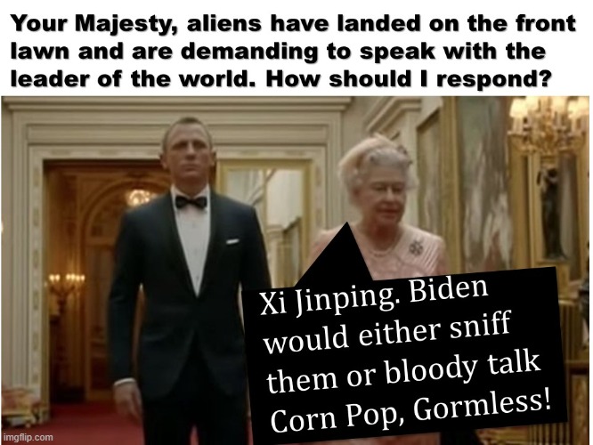 Queen Elizabeth:  Biden Gormless | image tagged in queen elizabeth,james bond,joe biden,xi jinping,worl leader,liberals | made w/ Imgflip meme maker