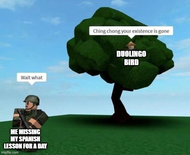 chingchong your existence is gome |  DUOLINGO BIRD; ME MISSING MY SPANISH LESSON FOR A DAY | image tagged in chingchong your existence is gome,duolingo bird | made w/ Imgflip meme maker
