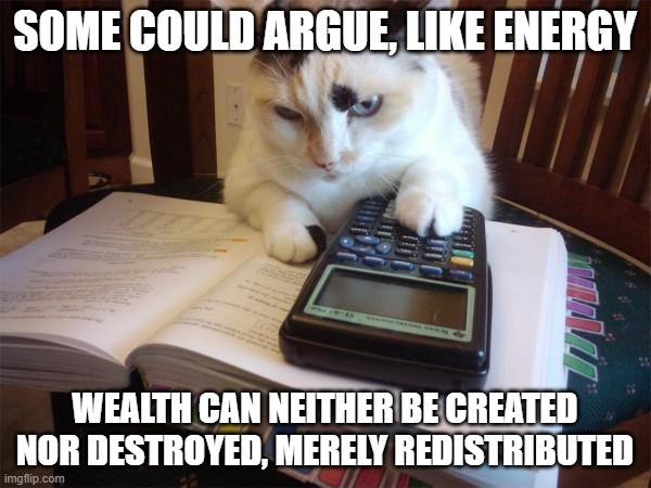 Math cat | SOME COULD ARGUE, LIKE ENERGY WEALTH CAN NEITHER BE CREATED NOR DESTROYED, MERELY REDISTRIBUTED | image tagged in math cat | made w/ Imgflip meme maker