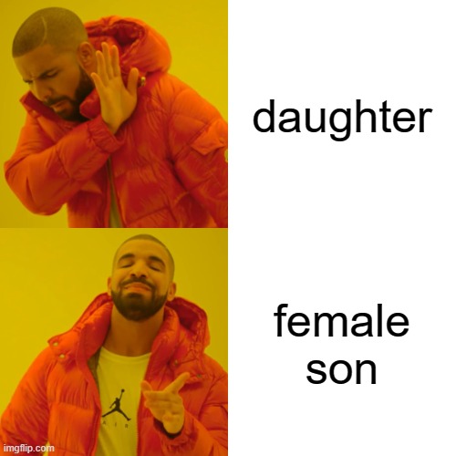i mean, im correct right? | daughter; female son | image tagged in memes,drake hotline bling,daughter,female son,smort | made w/ Imgflip meme maker