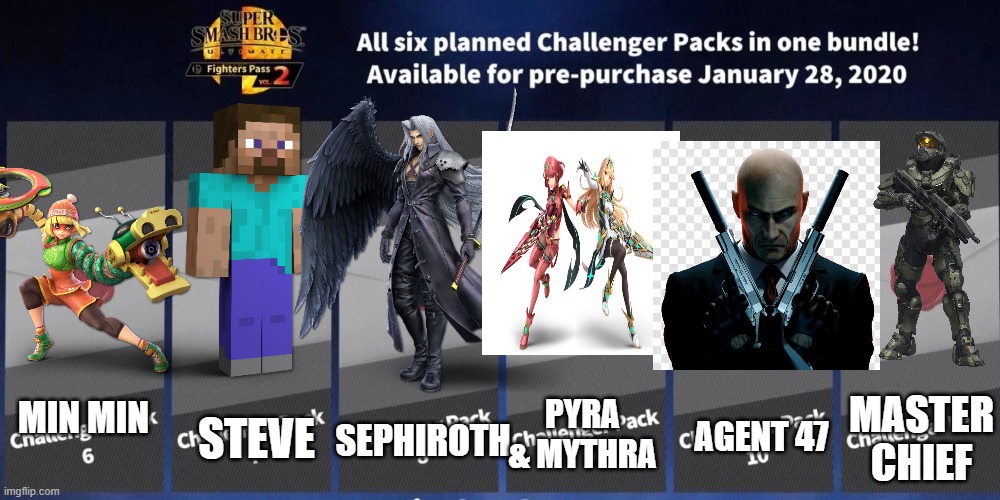My perfect pass 3 or 4 | STEVE; PYRA & MYTHRA; MASTER CHIEF; MIN MIN; AGENT 47; SEPHIROTH | image tagged in smash dlc roster,hitman,super smash bros,smash ultimate | made w/ Imgflip meme maker