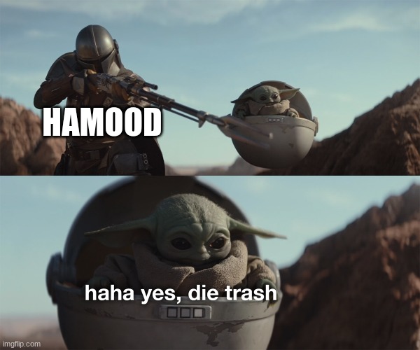 Hamood | HAMOOD | image tagged in baby yoda die trash | made w/ Imgflip meme maker