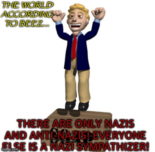 Yea you suck beez | THE WORLD ACCORDING TO BEEZ... THERE ARE ONLY NAZIS AND ANTI-NAZIS! EVERYONE ELSE IS A NAZI SYMPATHIZER! | image tagged in chicken liver | made w/ Imgflip meme maker