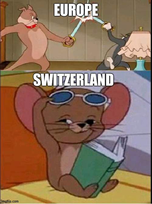 A pretty neutral country | EUROPE; SWITZERLAND | image tagged in tom and spike fighting,switzerland,war,europe | made w/ Imgflip meme maker