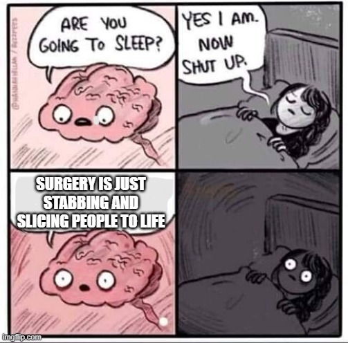 Are you going to sleep? | SURGERY IS JUST STABBING AND SLICING PEOPLE TO LIFE | image tagged in are you going to sleep | made w/ Imgflip meme maker