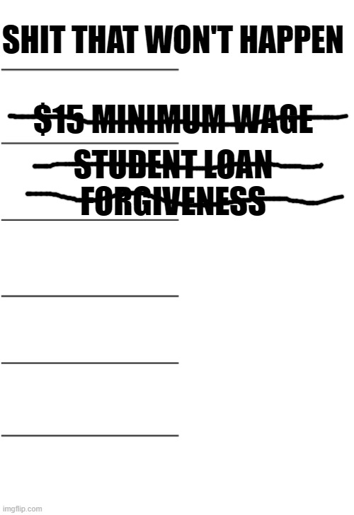 Blank list template | $15 MINIMUM WAGE STUDENT LOAN FORGIVENESS SHIT THAT WON'T HAPPEN | image tagged in blank list template | made w/ Imgflip meme maker