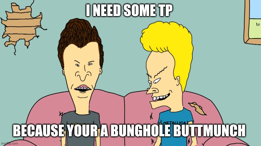 Beevis n butthead | I NEED SOME TP; BECAUSE YOUR A BUNGHOLE BUTTMUNCH | image tagged in funny | made w/ Imgflip meme maker