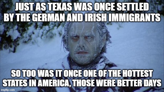 I know its getting a... little bit... better, but this meme was just too easy for me | JUST AS TEXAS WAS ONCE SETTLED BY THE GERMAN AND IRISH IMMIGRANTS; SO TOO WAS IT ONCE ONE OF THE HOTTEST STATES IN AMERICA, THOSE WERE BETTER DAYS | image tagged in cold | made w/ Imgflip meme maker