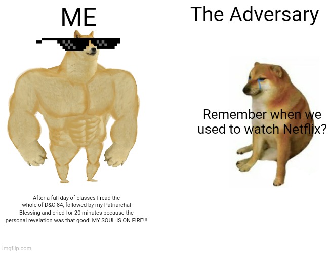 MTC doggo | ME; The Adversary; Remember when we used to watch Netflix? After a full day of classes I read the whole of D&C 84, followed by my Patriarchal Blessing and cried for 20 minutes because the personal revelation was that good! MY SOUL IS ON FIRE!!! | image tagged in memes,buff doge vs cheems | made w/ Imgflip meme maker