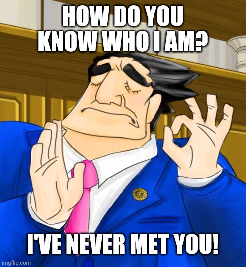 pacha phoenix wright | HOW DO YOU KNOW WHO I AM? I'VE NEVER MET YOU! | image tagged in pacha phoenix wright | made w/ Imgflip meme maker