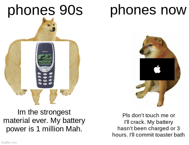 Buff Doge vs. Cheems Meme | phones 90s; phones now; Im the strongest material ever. My battery power is 1 million Mah. Pls don't touch me or I'll crack. My battery hasn't been charged or 3 hours. I'll commit toaster bath | image tagged in memes,buff doge vs cheems | made w/ Imgflip meme maker