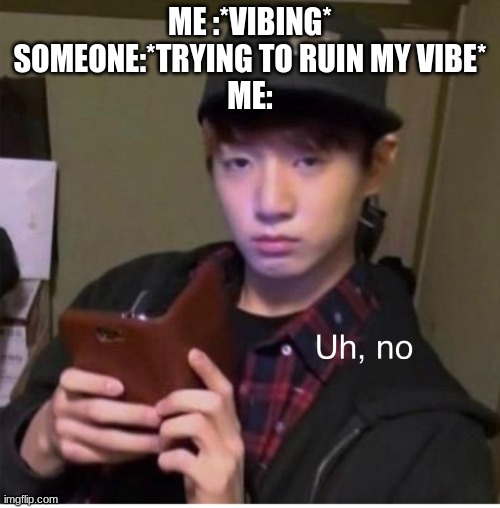 ME :*VIBING*
SOMEONE:*TRYING TO RUIN MY VIBE*
ME: | image tagged in uh no | made w/ Imgflip meme maker