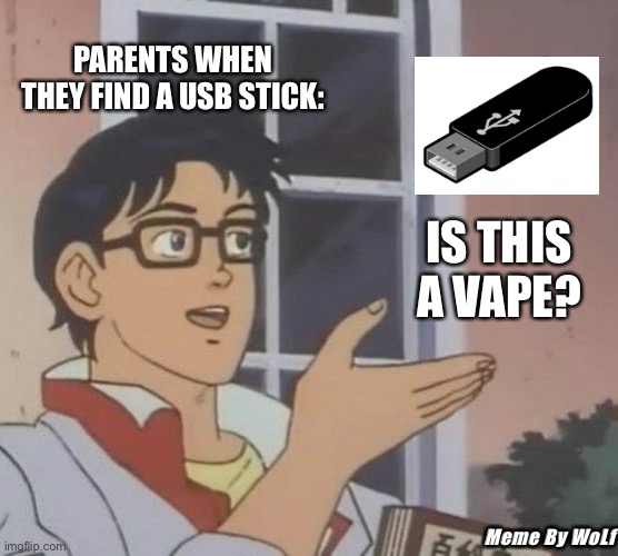 Like fr doe | PARENTS WHEN THEY FIND A USB STICK:; IS THIS A VAPE? Meme By WoLf | image tagged in memes,is this a pigeon | made w/ Imgflip meme maker