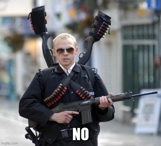 guy walking with shotguns movie | NO | image tagged in guy walking with shotguns movie | made w/ Imgflip meme maker