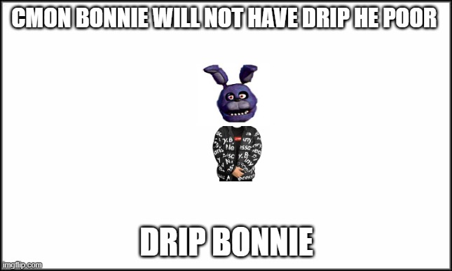drip | CMON BONNIE WILL NOT HAVE DRIP HE POOR; DRIP BONNIE | image tagged in plain white | made w/ Imgflip meme maker