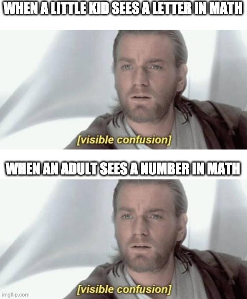 WHEN A LITTLE KID SEES A LETTER IN MATH; WHEN AN ADULT SEES A NUMBER IN MATH | image tagged in visible confusion | made w/ Imgflip meme maker