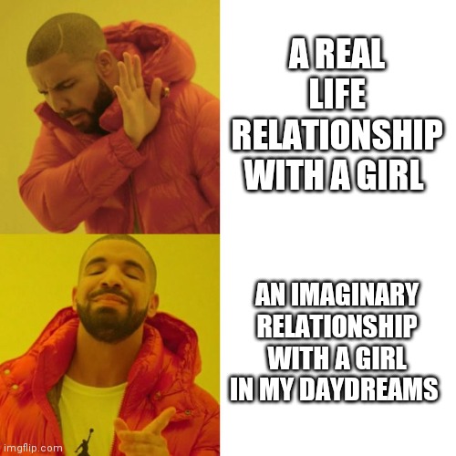 A lesbians sad story | A REAL LIFE RELATIONSHIP WITH A GIRL; AN IMAGINARY RELATIONSHIP WITH A GIRL IN MY DAYDREAMS | image tagged in drake blank | made w/ Imgflip meme maker