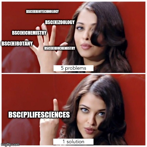 5 problems 1 solution | BSC(H)BIOTECHNOLOGY; BSC(H)ZOOLOGY; BSC(H)CHEMISTRY; BSC(H)BIOCHEMISTRY; BSC(H)BOTANY; BSC(P)LIFESCIENCES | image tagged in 5 problems 1 solution | made w/ Imgflip meme maker