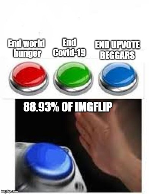 Imgflip really hates upvote beggars |  End
Covid-19; End world
 hunger; END UPVOTE
BEGGARS; 88.93% OF IMGFLIP | image tagged in red green blue buttons | made w/ Imgflip meme maker