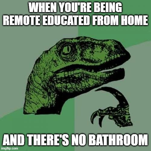 Philosoraptor Meme | WHEN YOU'RE BEING REMOTE EDUCATED FROM HOME AND THERE'S NO BATHROOM | image tagged in memes,philosoraptor | made w/ Imgflip meme maker