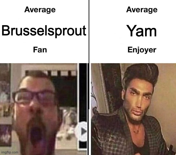 YAM SUPERIORITY | Yam; Brusselsprout | image tagged in average fan vs average enjoyer | made w/ Imgflip meme maker