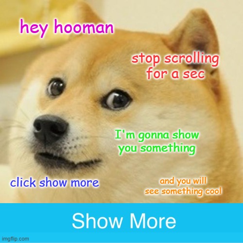 this was very cool meme | hey hooman; stop scrolling for a sec; I'm gonna show you something; click show more; and you will see something cool | image tagged in memes,doge,funny,show more | made w/ Imgflip meme maker