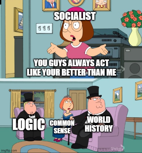Meg Family Guy Better than me | SOCIALIST; YOU GUYS ALWAYS ACT LIKE YOUR BETTER THAN ME; LOGIC; WORLD HISTORY; COMMON SENSE | image tagged in meg family guy better than me | made w/ Imgflip meme maker