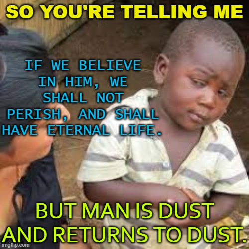 So You're Telling Me: If we believe in Him, we shall not perish. But man is dust and returns to dust. | IF WE BELIEVE IN HIM, WE SHALL NOT PERISH, AND SHALL HAVE ETERNAL LIFE. SO YOU'RE TELLING ME; BUT MAN IS DUST AND RETURNS TO DUST. | image tagged in african boy | made w/ Imgflip meme maker