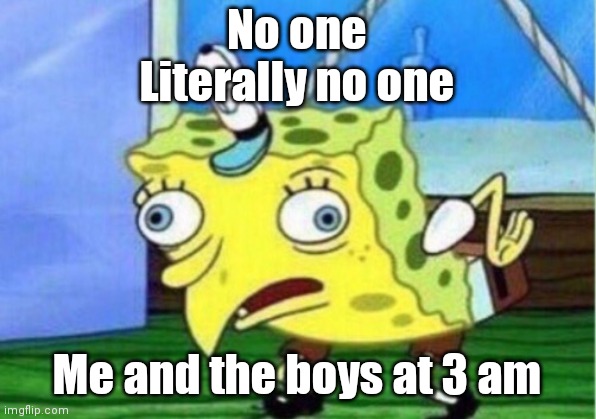 Hehe | No one
Literally no one; Me and the boys at 3 am | image tagged in memes,mocking spongebob | made w/ Imgflip meme maker