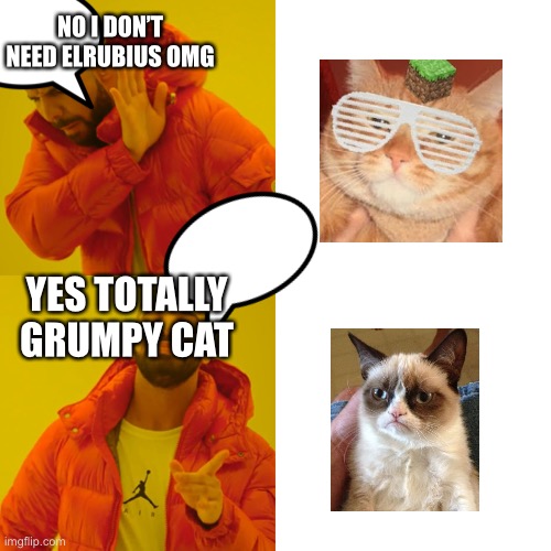 Drake Hotline Bling Meme | NO I DON’T NEED ELRUBIUS OMG; YES TOTALLY GRUMPY CAT | image tagged in memes,drake hotline bling,cats | made w/ Imgflip meme maker