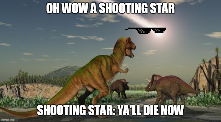 dinosaurs meteor | OH WOW A SHOOTING STAR; SHOOTING STAR: YA'LL DIE NOW | image tagged in dinosaurs meteor,meteor | made w/ Imgflip meme maker