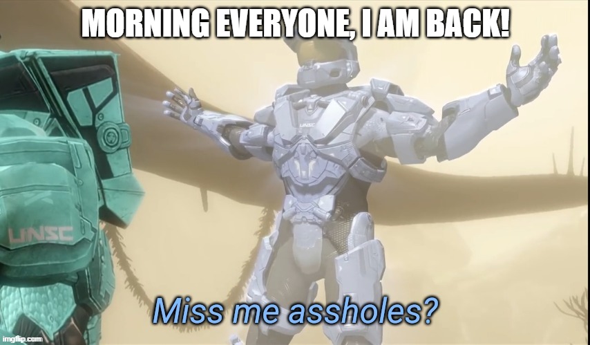 Miss me assholes | MORNING EVERYONE, I AM BACK! | image tagged in miss me assholes | made w/ Imgflip meme maker