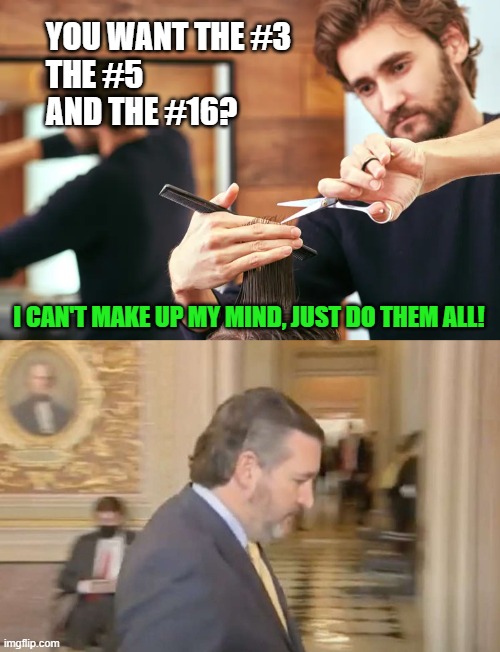 The man with 3 simultaneous hairstyles | YOU WANT THE #3
THE #5
AND THE #16? I CAN'T MAKE UP MY MIND, JUST DO THEM ALL! | image tagged in memes,ted cruz,barber,undecided,hair | made w/ Imgflip meme maker