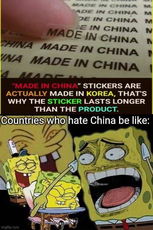 yes, even i live in that country who hates china 100000% and i laughed by seeing this | Countries who hate China be like: | image tagged in spongebob laughing hysterically | made w/ Imgflip meme maker