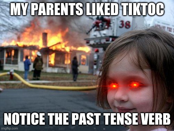 first the parents then her 7 year old freinds | MY PARENTS LIKED TIKTOC; NOTICE THE PAST TENSE VERB | image tagged in memes,disaster girl | made w/ Imgflip meme maker